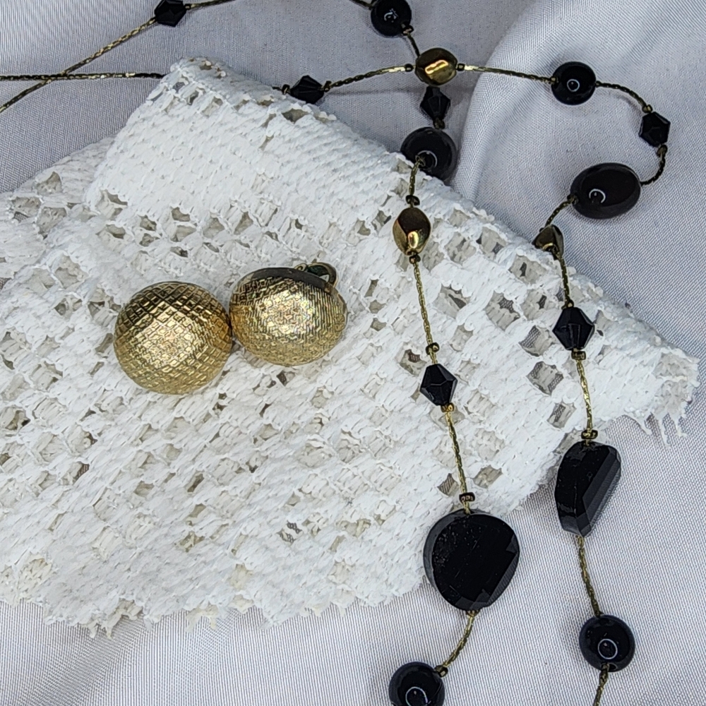 Vintage Gold tone Trifari Clip-On Earrings with a Black & Gold Tone Necklace